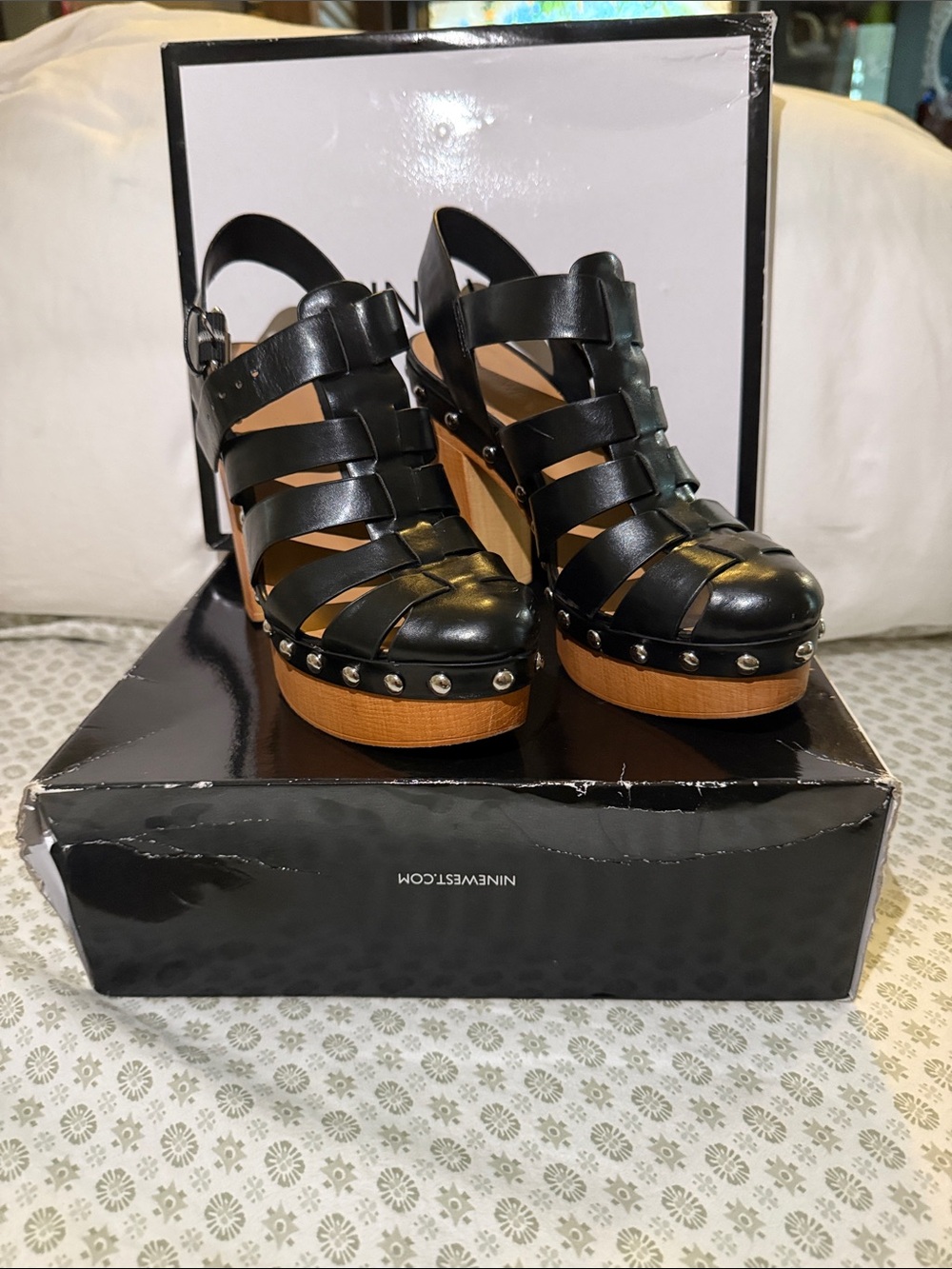 Nine West Black Leather Studded Platform Clog Sandals
